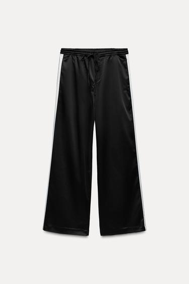 Zara SIDE STRIPE SATIN EFFECT PANTS - Black