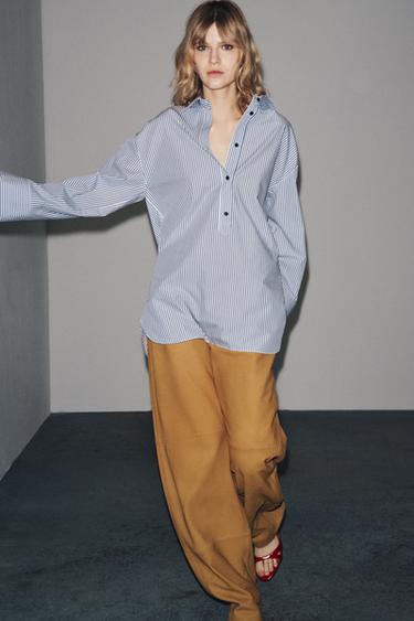 CAMISA DE POPELÍN RATLLES ZW COLLECTION - Blanc / Marí de Zara - Imatge 0