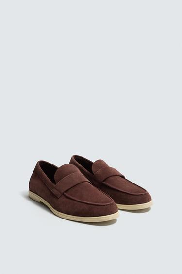 Zara CASUAL LEATHER LOAFERS - Burgundy Red
