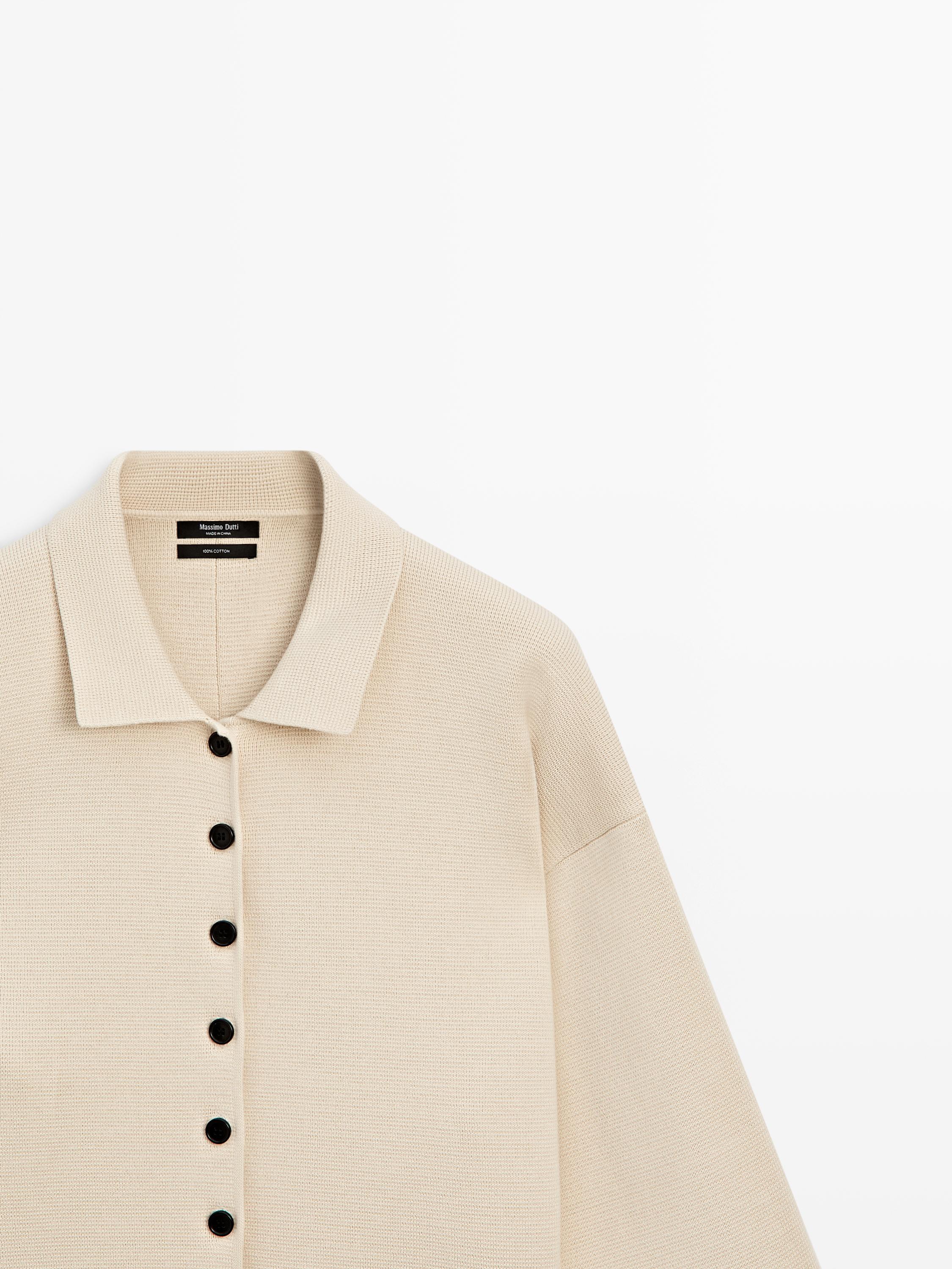 Cotton knit polo collar cardigan