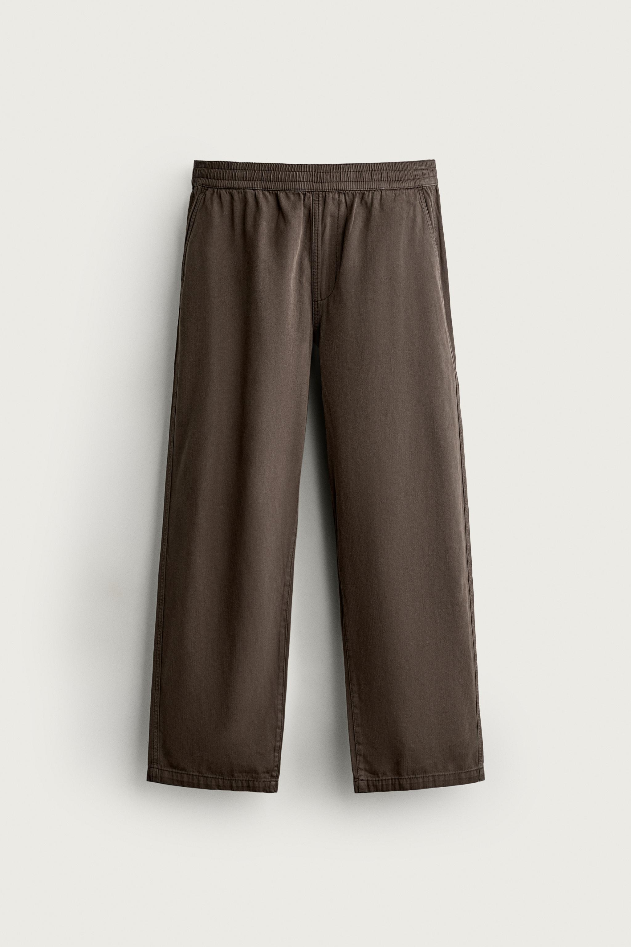 RELAXED FIT HERRINGBONE PANTS — Brown