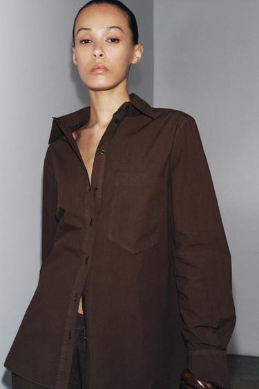 Zara ZW COLLECTION POPLIN SHIRT WITH POCKET - Brown