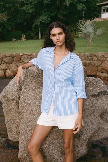 BASIC POPLIN SHIRT - Blue/White by Zara