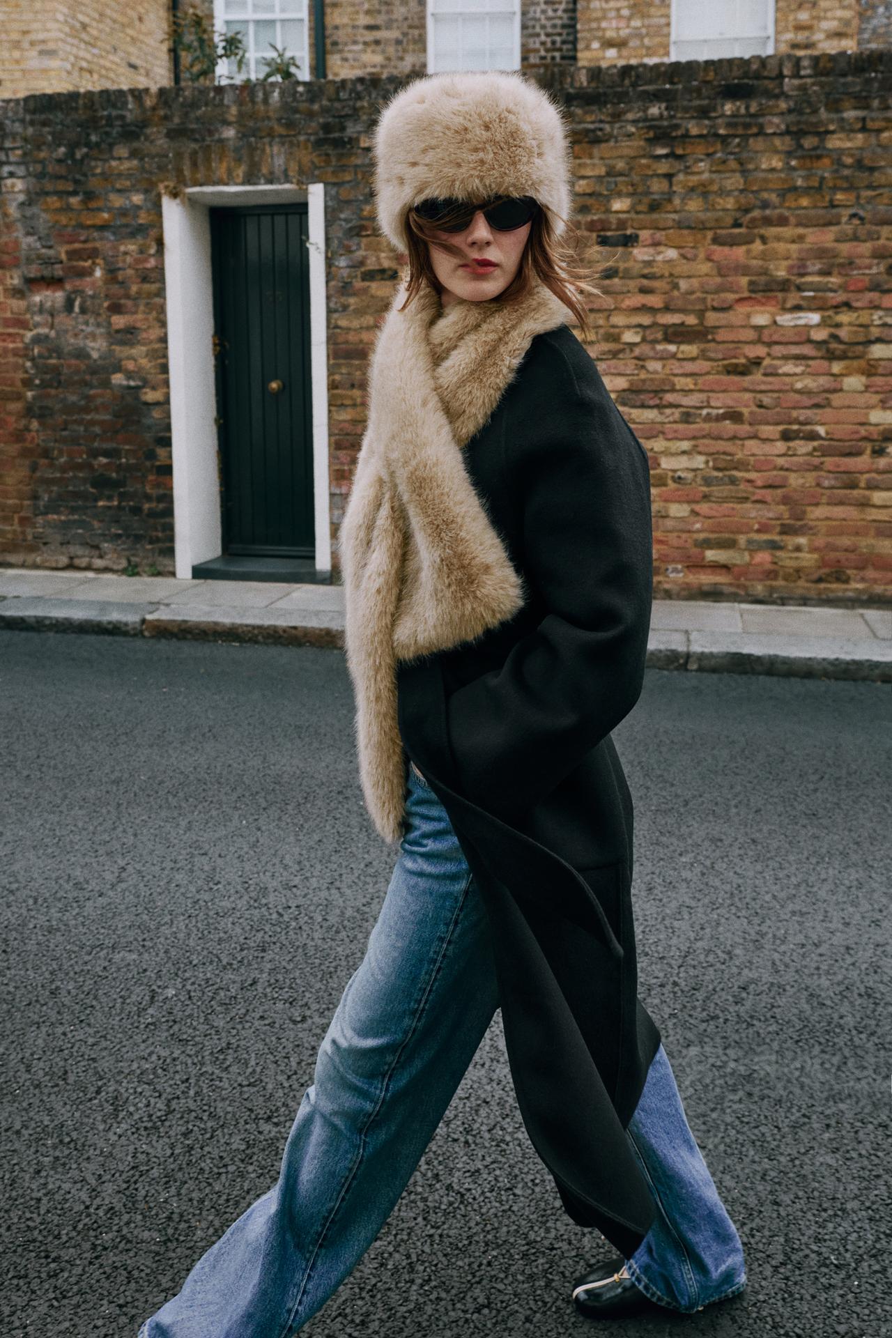 FAUX FUR SCARF WITH SLIT — Ecru