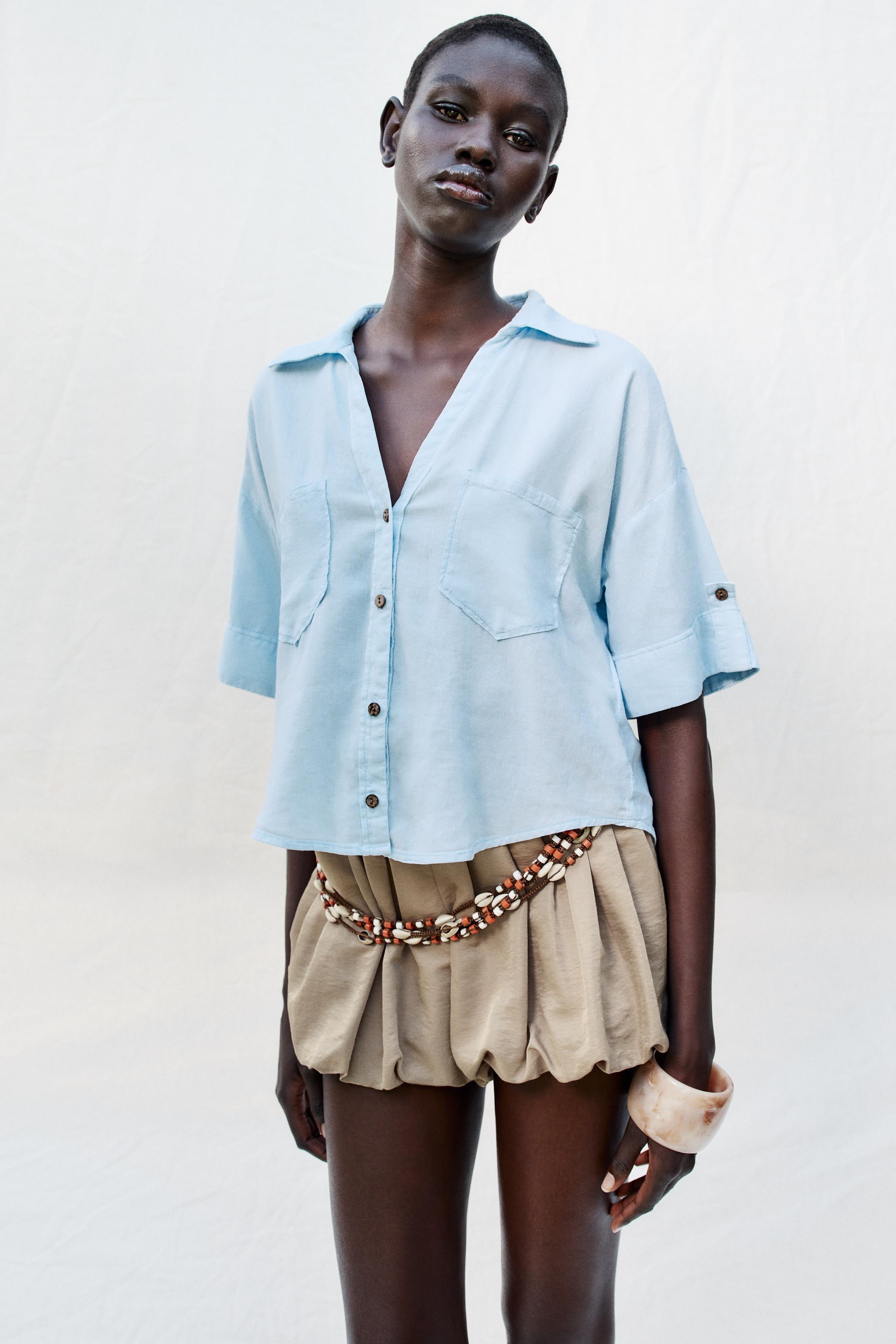 Женские рубашки Zara CROPPED LINEN BLEND SHIRT — фото 2