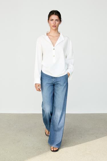 Chemisier à col mao avec boutons dorés - Blanc cassé de Zara - Image 0