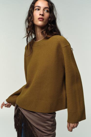 PULL 95 % LAINE MANCHES LONGUES - Vert huile de Zara - Image 1