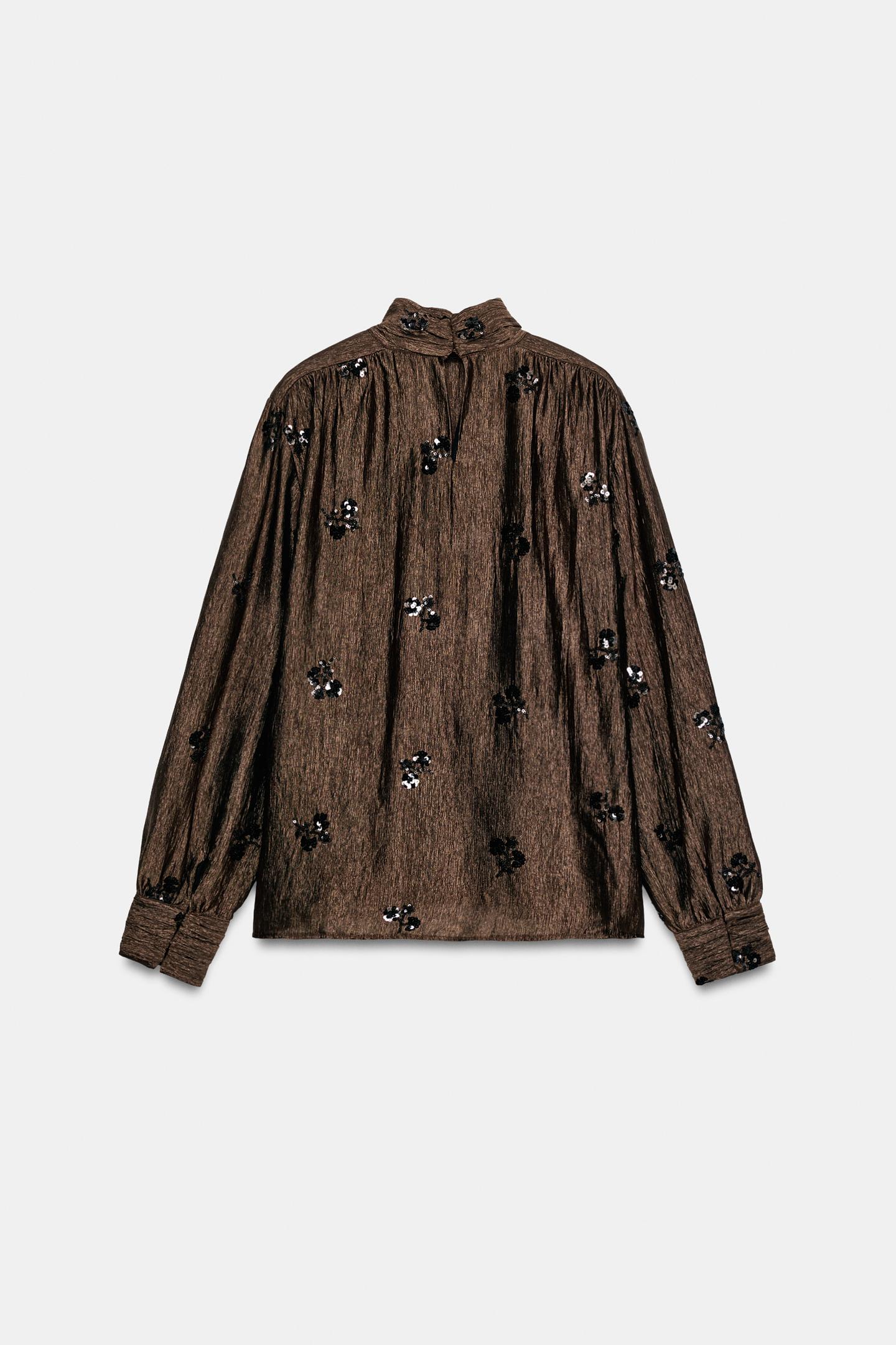 Женская блузка Zara Sequin Floral, цвет: Коричневый — фото 7