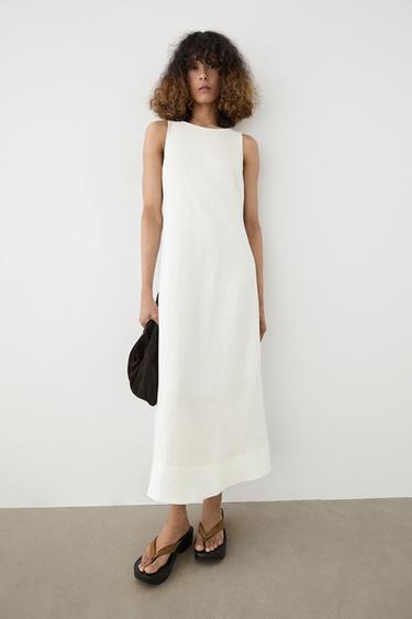 Zara 100% linen halter dress - White