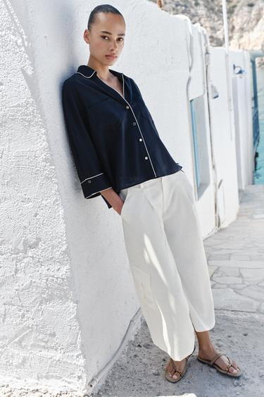LINEN BLEND SHIRT WITH CONTRAST PIPING - Navy blue by Zara