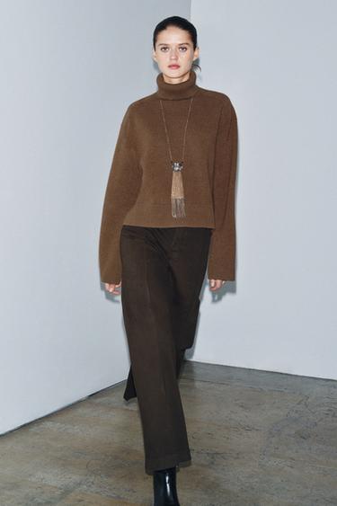 Zara 95% WOOL HIGH COLLAR JUMPER - Light brown