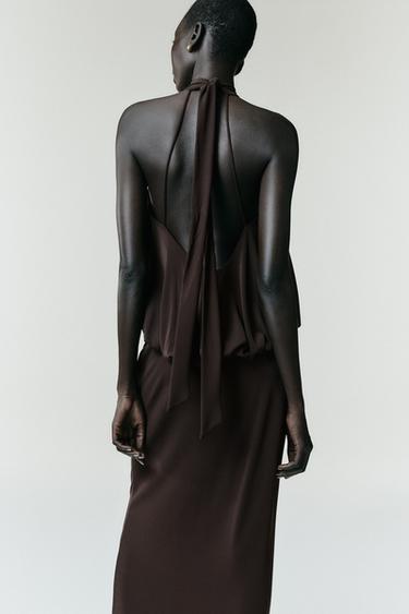 Zara BALLOON HALTER DRESS - Brown