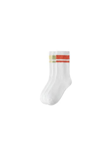 Zara THREE-PACK OF SPORTY STRIPED TALL SOCKS - White