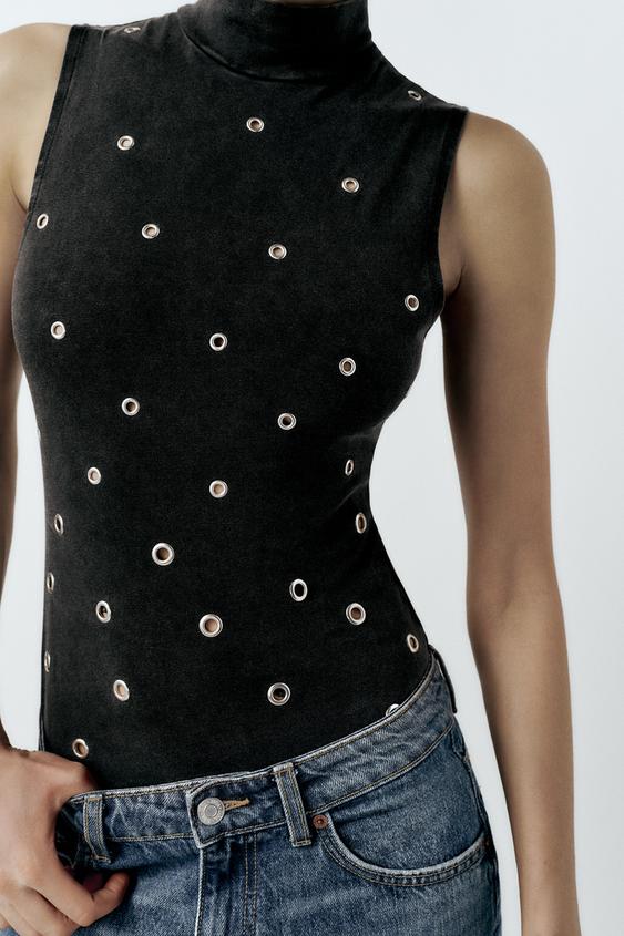 Zara, Tops, Zara Plumetis Bodysuit Womens S Small Black Contrast Dot Mesh  Sleeveless Deep V