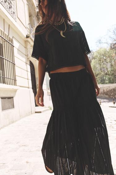 Zara EMBROIDERED EYELET MIDI SKIRT - Black
