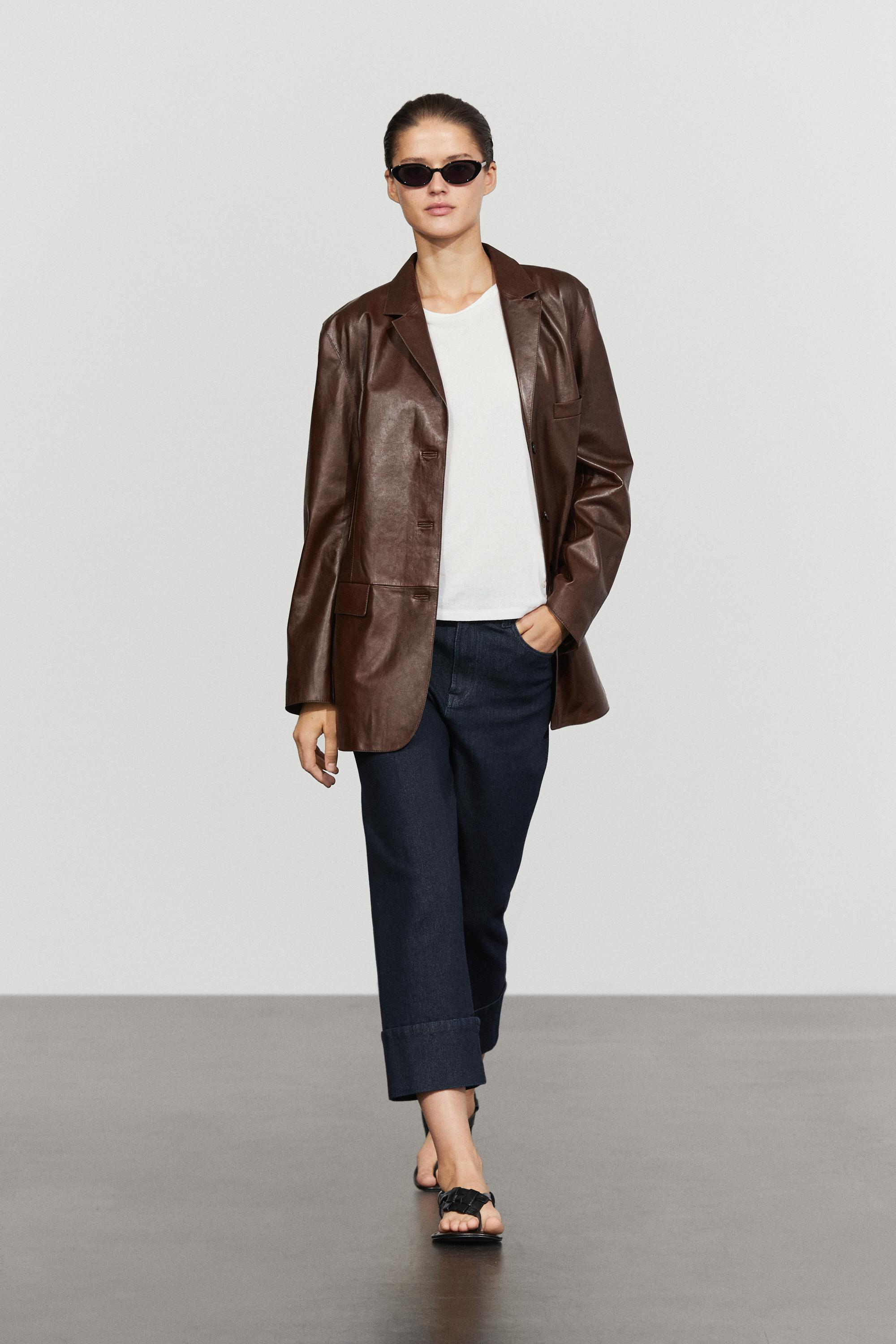 ZARA Leather ダークブラウン レザージャケット Nappa leather blazer with pocket detail - Brown | ZARA United States