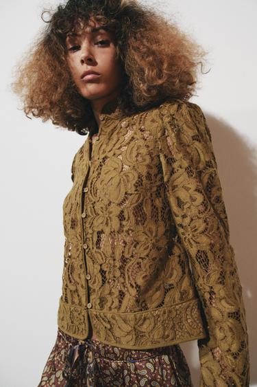 Zara ZW COLLECTION LACE JACKET WITH BALLOON SLEEVES - Green