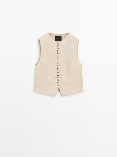Zara Buttoned linen blend waistcoat - Sand - Image 0