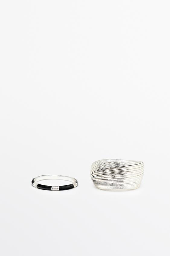 Zara Pinstriped and enamel ring pack - Silver - Image 0