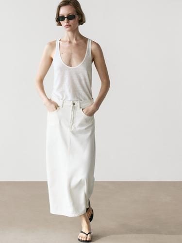 Jupe midi denim barrel fit - Écru de Zara