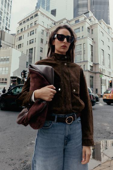 SUEDE LEATHER BOMBER JACKET WITH POCKETS - Brown marl by Zara