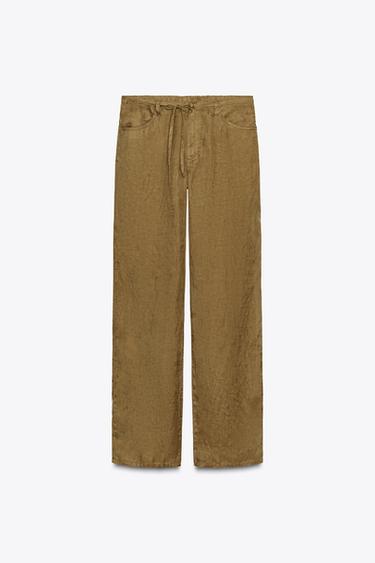 Zara TIED PAJAMA PANTS - Light khaki