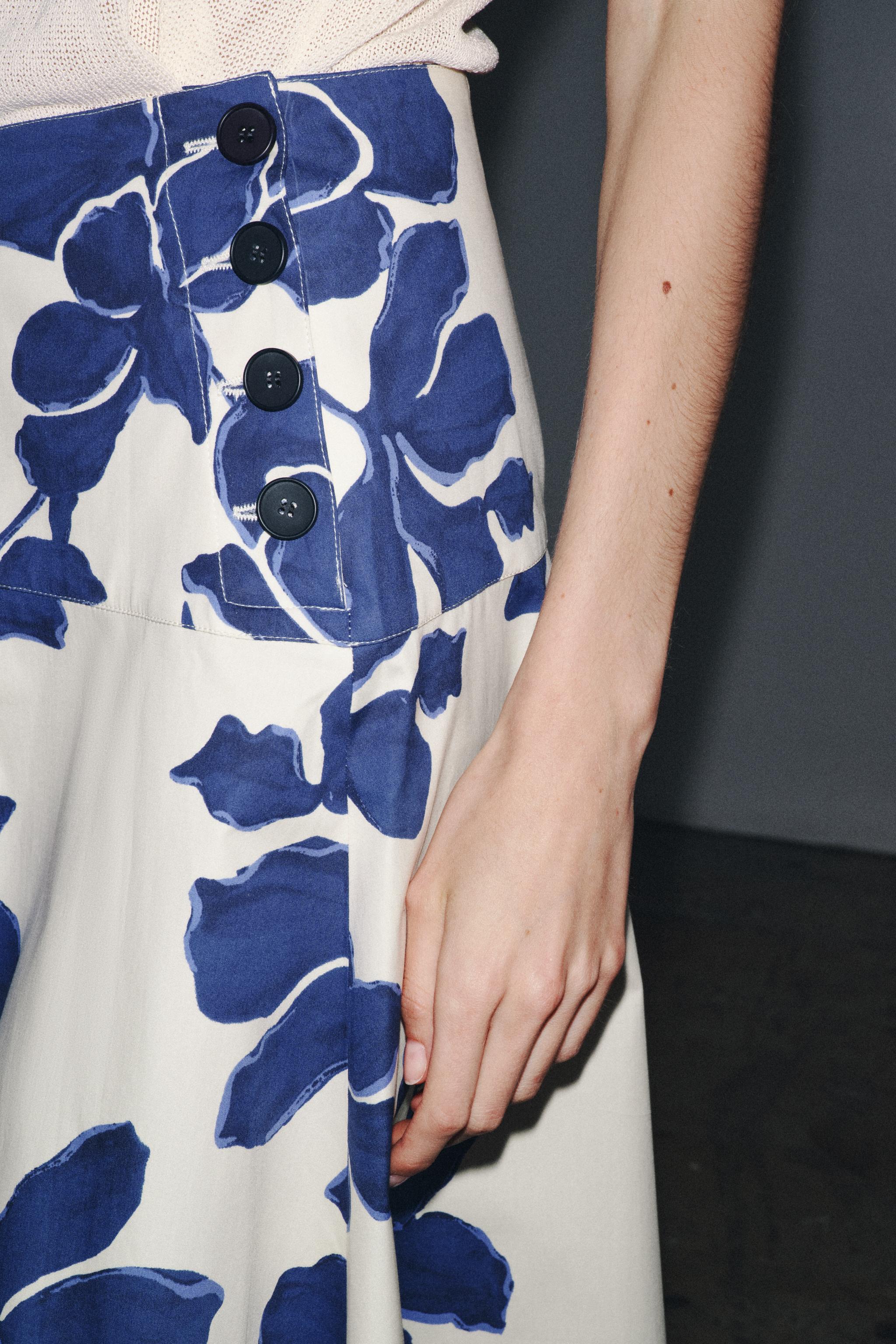 ZW COLLECTION FLORAL MIDI SKIRT - Ecru / Blue | ZARA United