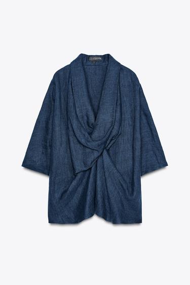 100% LINEN DRAPE BLOUSE ZW COLLECTION LIMITED EDITION - Indigo by Zara