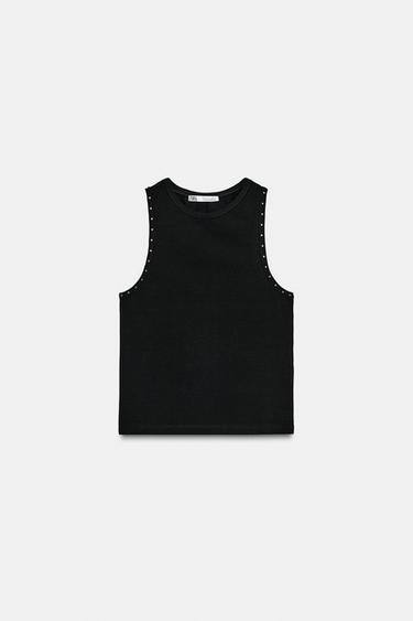 Zara STUDDED T-SHIRT - Black
