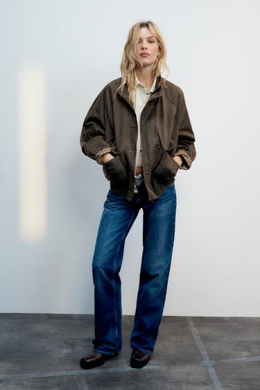 Zara WASHED EFFECT PLAID WAXED JACKET - Dark tan