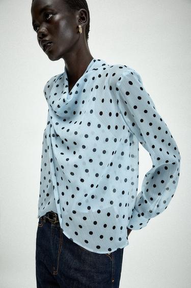 CAMISA SEMITRASNPARENTE LUNARES - Azul de Zara