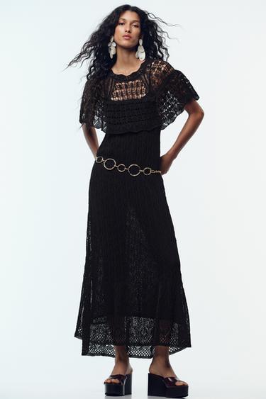 VESTITO LUNGO IN MAGLIA POINTELLE CON VOLANT - Nero di Zara