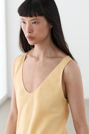 Robe midi bretelles 100 % lin - Jaune de Zara