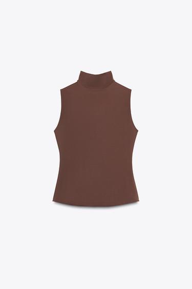 Zara POLIAMIDE MOCK NECK TOP - Brown