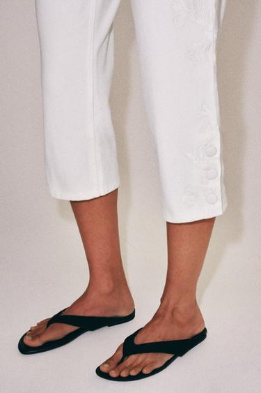 ZW COLLECTION EMBROIDERED MID-WAIST CAPRI JEANS - Ecru by Zara - Image 3