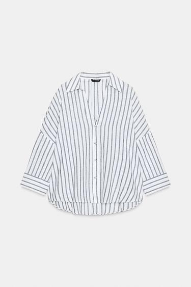 STRIPED LINEN BLEND SHIRT - Blue/White by Zara - Image 0