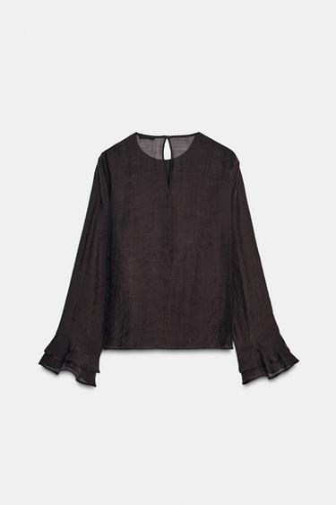 Zara RUFFLED TOP - Dark brown
