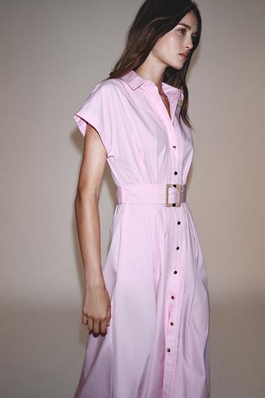 ROBE MIDI EN POPELINE AVEC CEINTURE - Rose de Zara