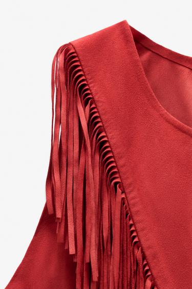 LIMITED EDITION SUEDE LEATHER FRINGED TOP - Red by Zara - Image 6