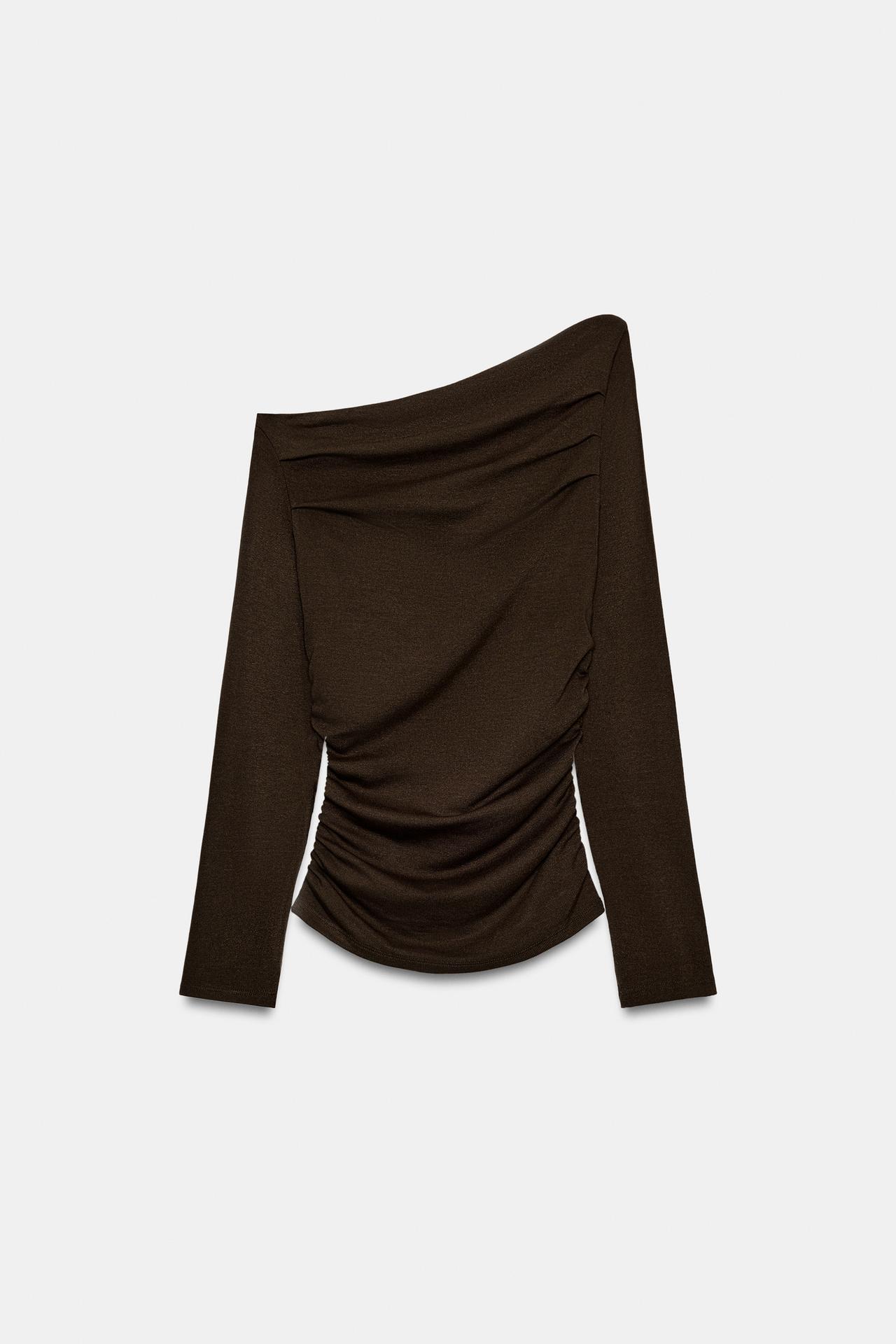 ASYMMETRICAL DRAPED TOP — Dark brown