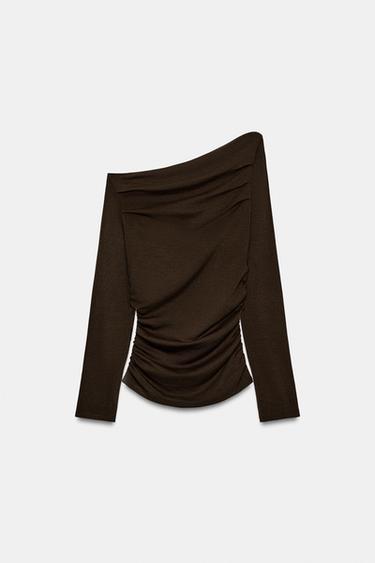 ASYMMETRICAL DRAPED TOP — Dark brown 2