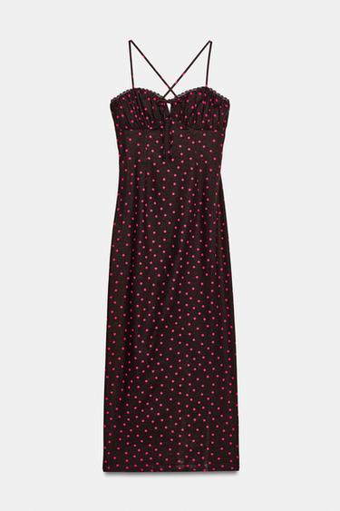ROBE MIDI EN LIN À POIS - Marron de Zara
