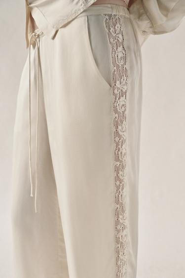 SATIN TROUSERS WITH LACE TRIM - Oyster-white by Zara