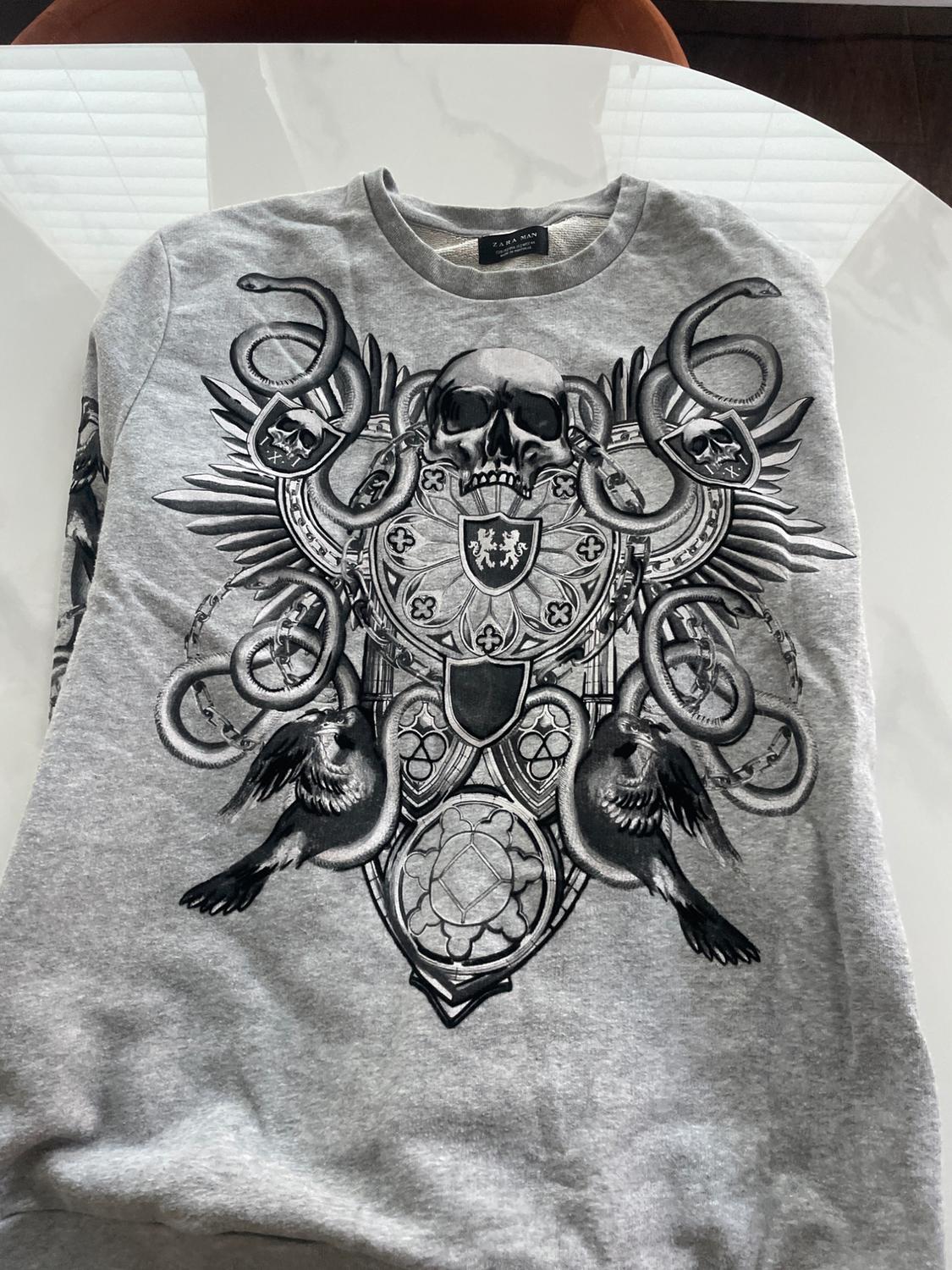 Men's gray Zara hoodie with a large black-and-white graphic print showing a skull, snakes, birds, and a heraldic shield.