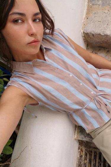 Zara LACED STRIPED SHIRT - Brown-Blue