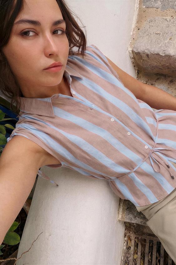 CAMISA RAYAS CORDONES - Marrón-Azul de Zara - Imagen 0