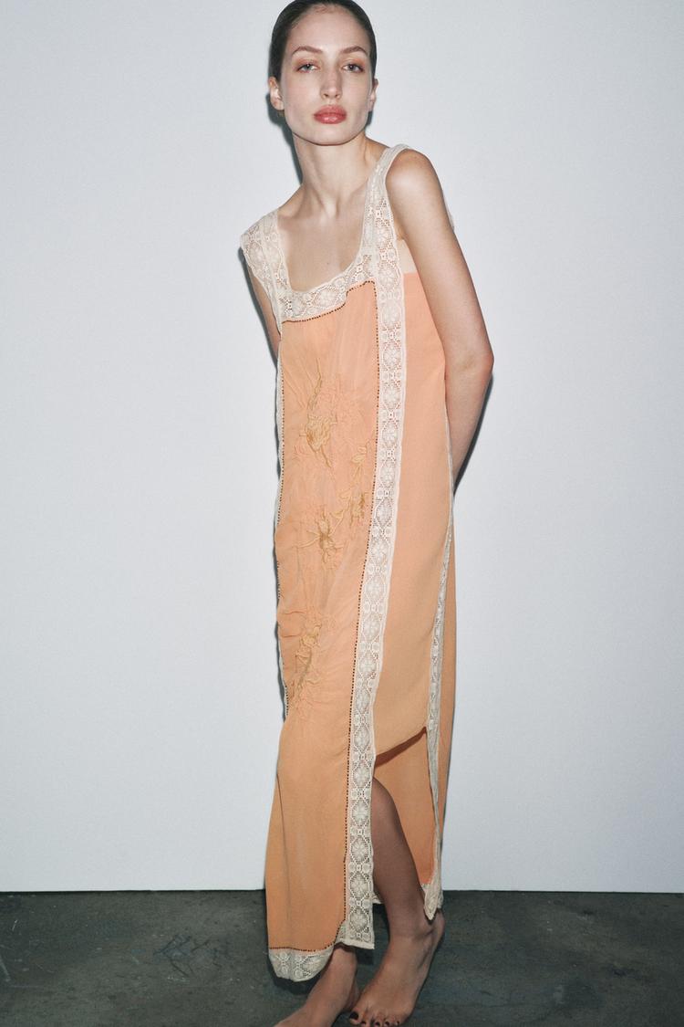 TEXTURED EMBROIDERED LACE DRESS Peach ZARA Spain