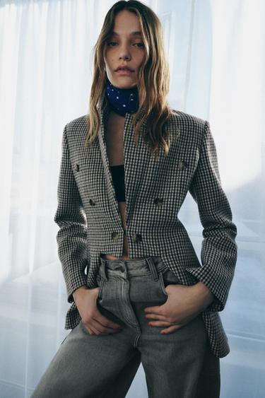 Zara ZW COLLECTION LIMITED EDITION ASYMMETRIC CHECK WOOL BLAZER - Stone