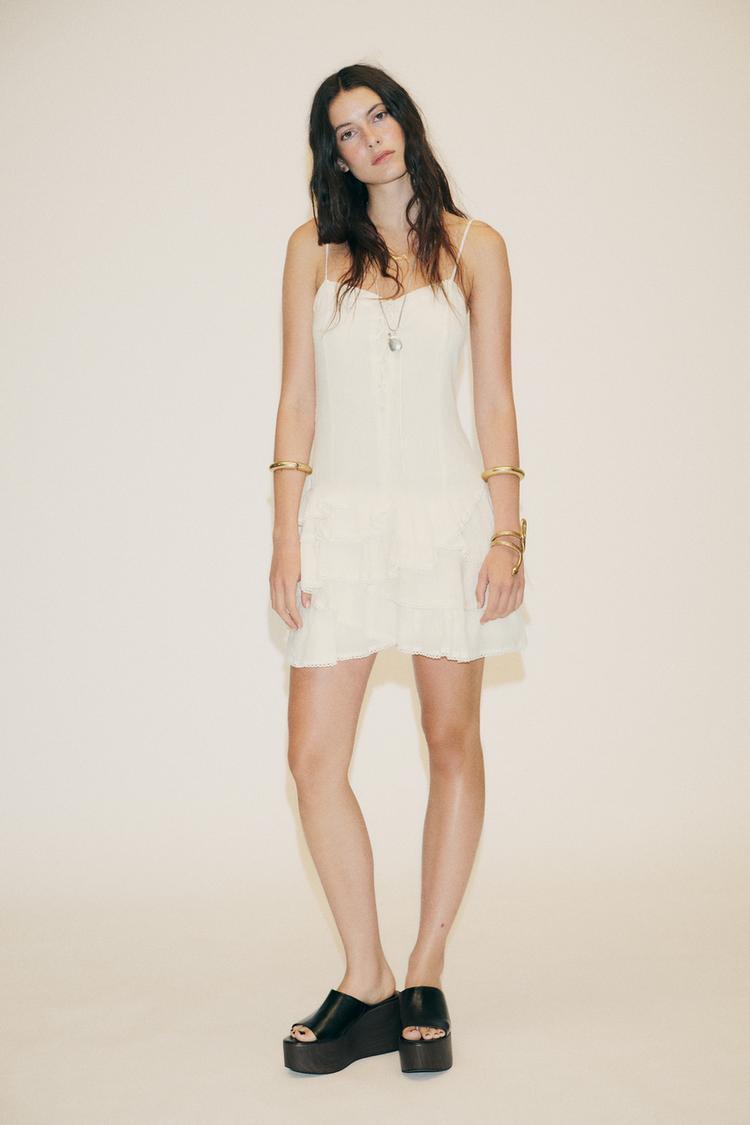 zara white frill dress LAST!ZARA NWT SS22 WOMAN OPENWORK EMBROIDERY MIDI RUFFLE 7686/922 XS Zara Denim White Frill Dress