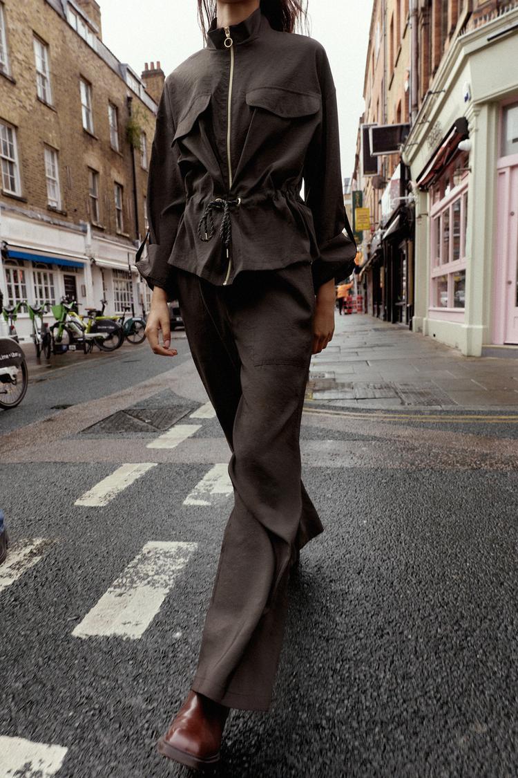 PANTALON LARGE TAILLE ÉLASTIQUE Marron foncé ZARA France